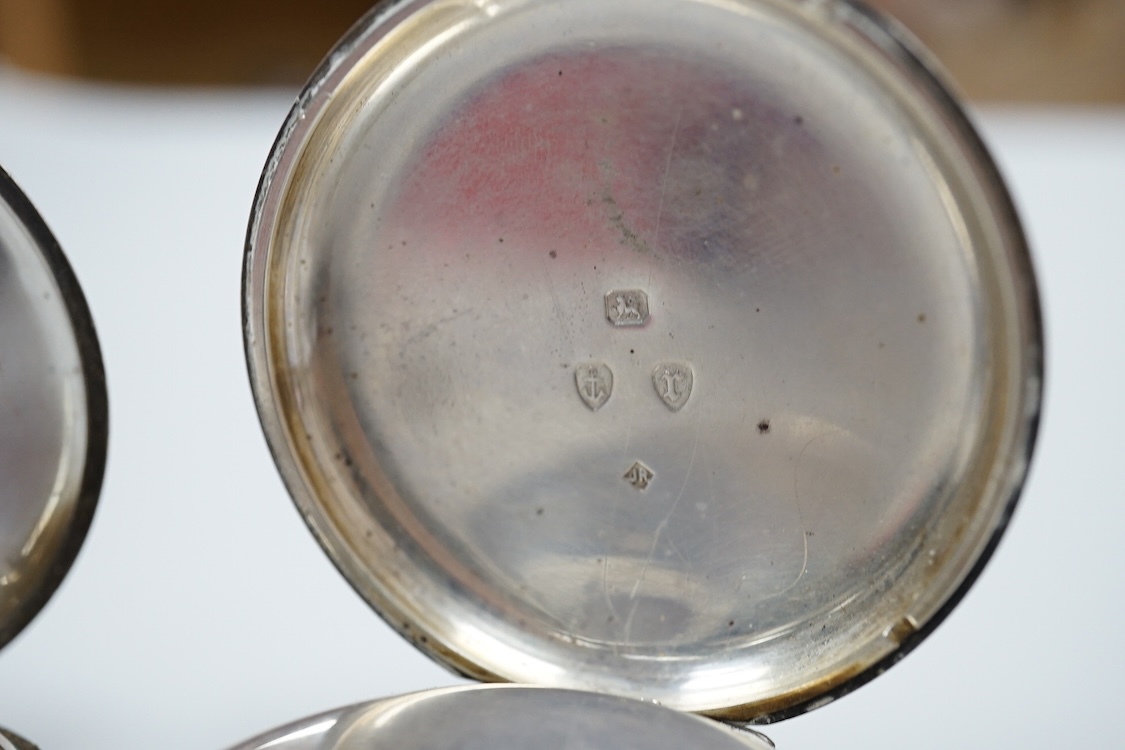 A late Victorian silver open faced pocket watch, by William Muir of Falkirk, with Roman dial and subsidiary seconds, together with an early 20th century silver pocket watch and a white metal fob watch.
